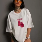 Unisex Bisiklet Yaka Baskılı Oversize T-Shirt - Beyaz