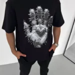 Unisex Bisiklet Yaka Baskılı Oversize T-Shirt - Siyah