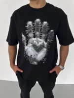 Unisex Bisiklet Yaka Baskılı Oversize T-Shirt - Siyah - Görsel 2