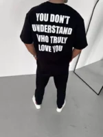 Unisex Bisiklet Yaka Baskılı Oversize T-Shirt - Siyah - Görsel 3