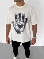Unisex Bisiklet Yaka Baskılı Oversize T-Shirt - Beyaz - Görsel 2
