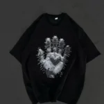 Unisex Bisiklet Yaka Baskılı Oversize T-Shirt - Siyah