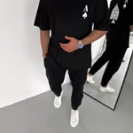 Unisex Bisiklet Yaka Baskılı Oversize T-Shirt - Siyah