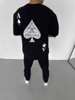 Unisex Bisiklet Yaka Baskılı Oversize T-Shirt - Siyah - Görsel 2