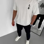 Unisex Bisiklet Yaka Baskılı Oversize T-Shirt - Beyaz