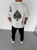 Unisex Bisiklet Yaka Baskılı Oversize T-Shirt - Beyaz - Görsel 2