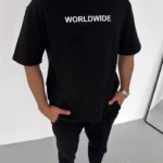 Unisex Bisiklet Yaka Baskılı Oversize T-Shirt - Siyah