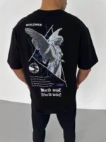 Unisex Bisiklet Yaka Baskılı Oversize T-Shirt - Siyah - Görsel 2