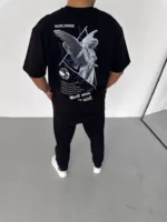 Unisex Bisiklet Yaka Baskılı Oversize T-Shirt - Siyah - Görsel 3