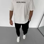 Unisex Bisiklet Yaka Baskılı Oversize T-Shirt - Beyaz