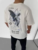 Unisex Bisiklet Yaka Baskılı Oversize T-Shirt - Beyaz - Görsel 2