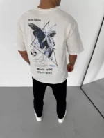 Unisex Bisiklet Yaka Baskılı Oversize T-Shirt - Beyaz - Görsel 3