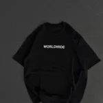 Unisex Bisiklet Yaka Baskılı Oversize T-Shirt - Siyah