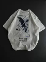 Unisex Bisiklet Yaka Baskılı Oversize T-Shirt - Beyaz - Görsel 2