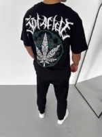 Unisex Bisiklet Yaka Baskılı Oversize T-Shirt - Siyah - Görsel 2