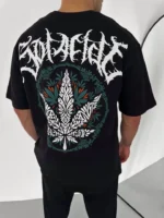 Unisex Bisiklet Yaka Baskılı Oversize T-Shirt - Siyah - Görsel 3