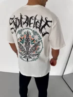 Unisex Bisiklet Yaka Baskılı Oversize T-Shirt - Beyaz - Görsel 2