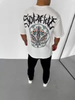 Unisex Bisiklet Yaka Baskılı Oversize T-Shirt - Beyaz - Görsel 3