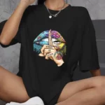 Unisex Bisiklet Yaka Baskılı Oversize T-Shirt - Siyah