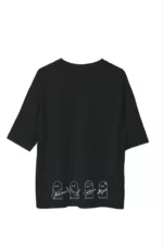 Unisex Bisiklet Yaka Baskılı Oversize T-Shirt - Siyah - Görsel 2