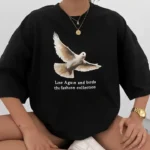 Unisex Bisiklet Yaka Baskılı Oversize T-Shirt - Siyah