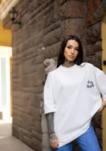 Unisex Bisiklet Yaka Baskılı Oversize T-Shirt - Beyaz - Görsel 2