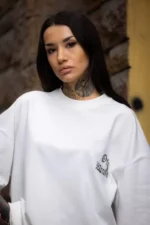 Unisex Bisiklet Yaka Baskılı Oversize T-Shirt - Beyaz - Görsel 3