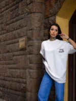 Unisex Bisiklet Yaka Baskılı Oversize T-Shirt - Beyaz - Görsel 4
