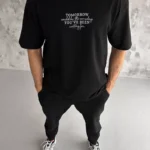 Unisex Bisiklet Yaka Baskılı Oversize T-Shirt - Siyah