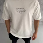 Unisex Bisiklet Yaka Baskılı Oversize T-Shirt - Beyaz