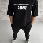 Unisex Bisiklet Yaka Baskılı Oversize T-Shirt - Siyah