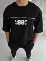 Unisex Bisiklet Yaka Baskılı Oversize T-Shirt - Siyah - Görsel 2