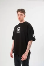 Unisex Bisiklet Yaka Baskılı Oversize T-Shirt - Siyah - Görsel 2