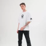 Unisex Bisiklet Yaka Baskılı Oversize T-Shirt - Beyaz