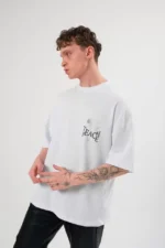 Unisex Bisiklet Yaka Baskılı Oversize T-Shirt - Beyaz - Görsel 2