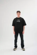 Unisex Bisiklet Yaka Baskılı Oversize T-Shirt - Siyah - Görsel 3