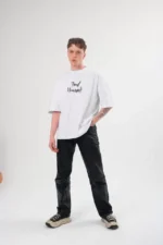 Unisex Bisiklet Yaka Baskılı Oversize T-Shirt - Beyaz - Görsel 2