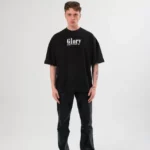 Unisex Bisiklet Yaka Baskılı Oversize T-Shirt - Siyah