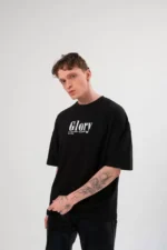 Unisex Bisiklet Yaka Baskılı Oversize T-Shirt - Siyah - Görsel 2