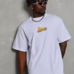 Unisex Bisiklet Yaka Baskılı Oversize T-Shirt - Beyaz