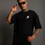 Unisex Bisiklet Yaka Baskılı Oversize T-Shirt - Siyah