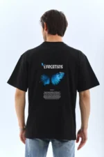 Unisex Bisiklet Yaka Baskılı Oversize T-Shirt - Siyah - Görsel 2