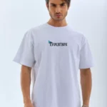 Unisex Bisiklet Yaka Baskılı Oversize T-Shirt - Beyaz