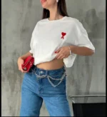 Unisex Bisiklet Yaka Baskılı Oversize T-Shirt - Beyaz - Görsel 2