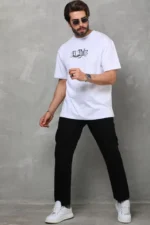 Unisex Bisiklet Yaka Baskılı Oversize T-Shirt - Beyaz - Görsel 4