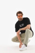 Unisex Bisiklet Yaka Baskılı Oversize T-Shirt - Siyah - Görsel 4