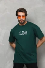 Unisex Bisiklet Yaka Baskılı Oversize T-Shirt - Yeşil - Görsel 2
