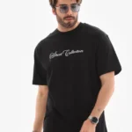 Unisex Bisiklet Yaka Baskılı Oversize T-Shirt - Siyah