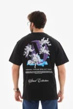 Unisex Bisiklet Yaka Baskılı Oversize T-Shirt - Siyah - Görsel 2