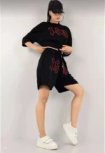 Unisex Nakış İşlemeli Şort Takım - Siyah - Görsel 3